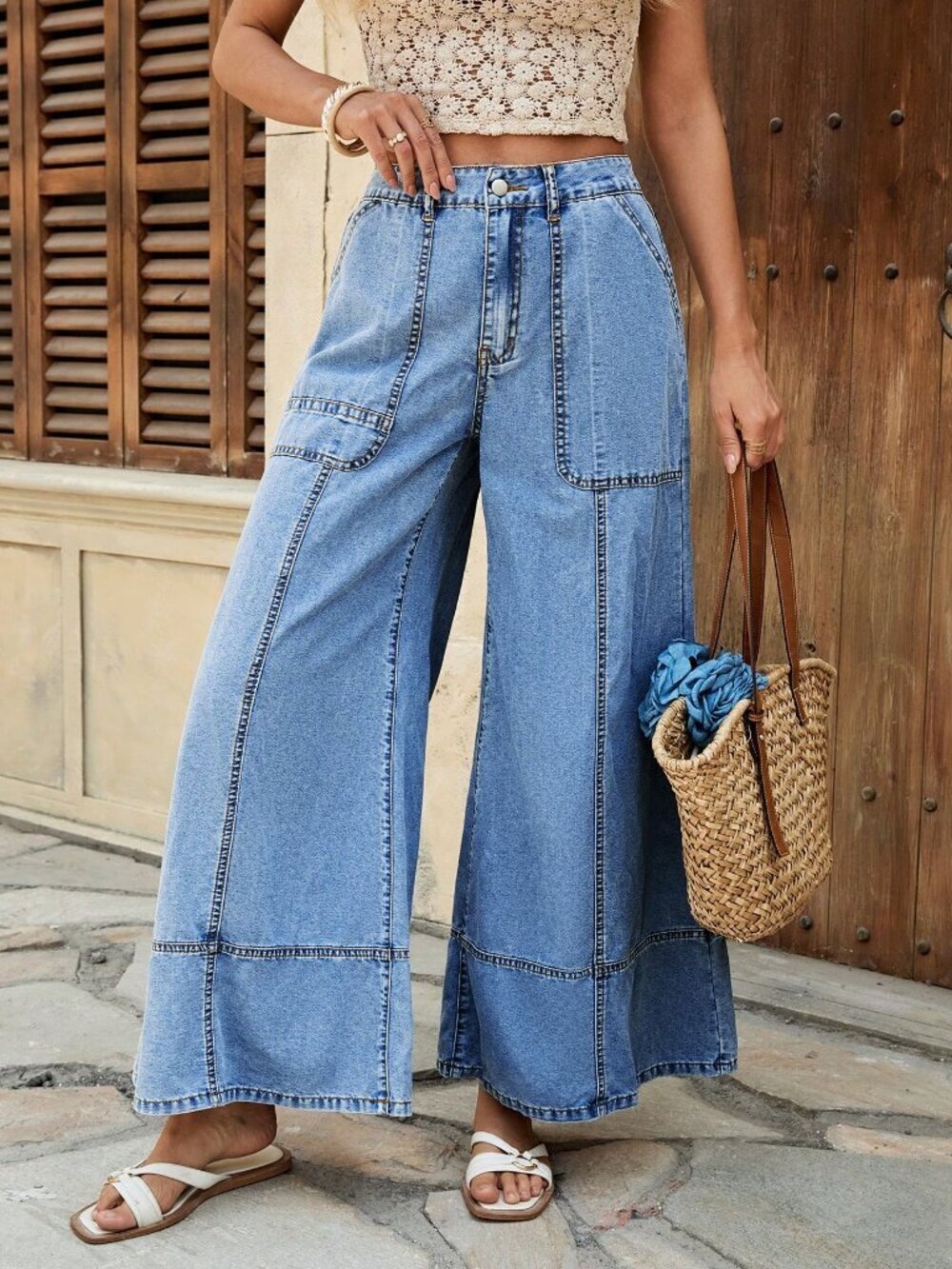 Light Wash Casual Women's Denim Wide-Leg Boho Vacation Pants - Picture 1 of 7